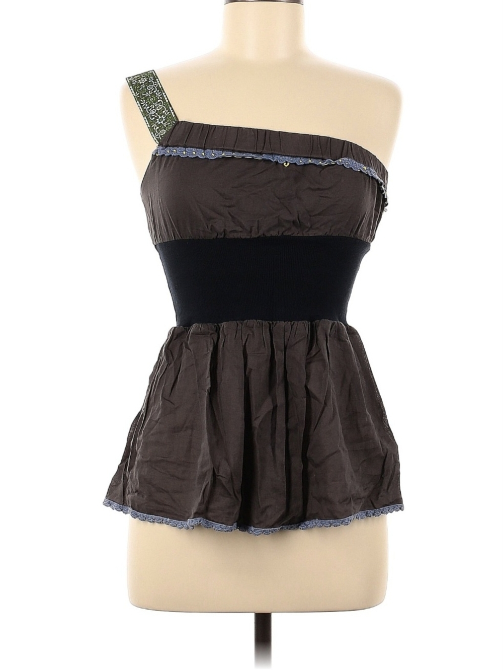One-Shoulder Grey & Black Peplum Top with Green Strap